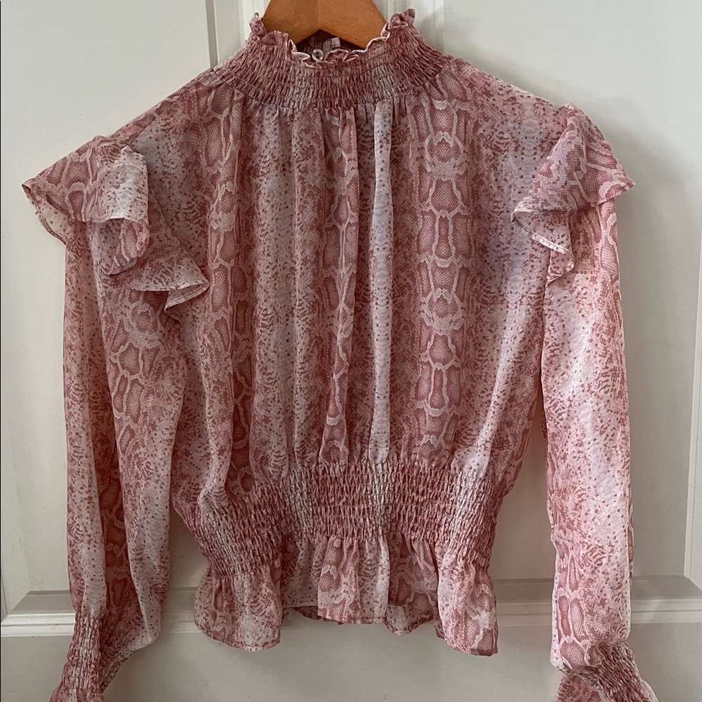 Shinestar Ruffled Long Sleeve Blouse Elastic Waist and Sleeves Snake Print